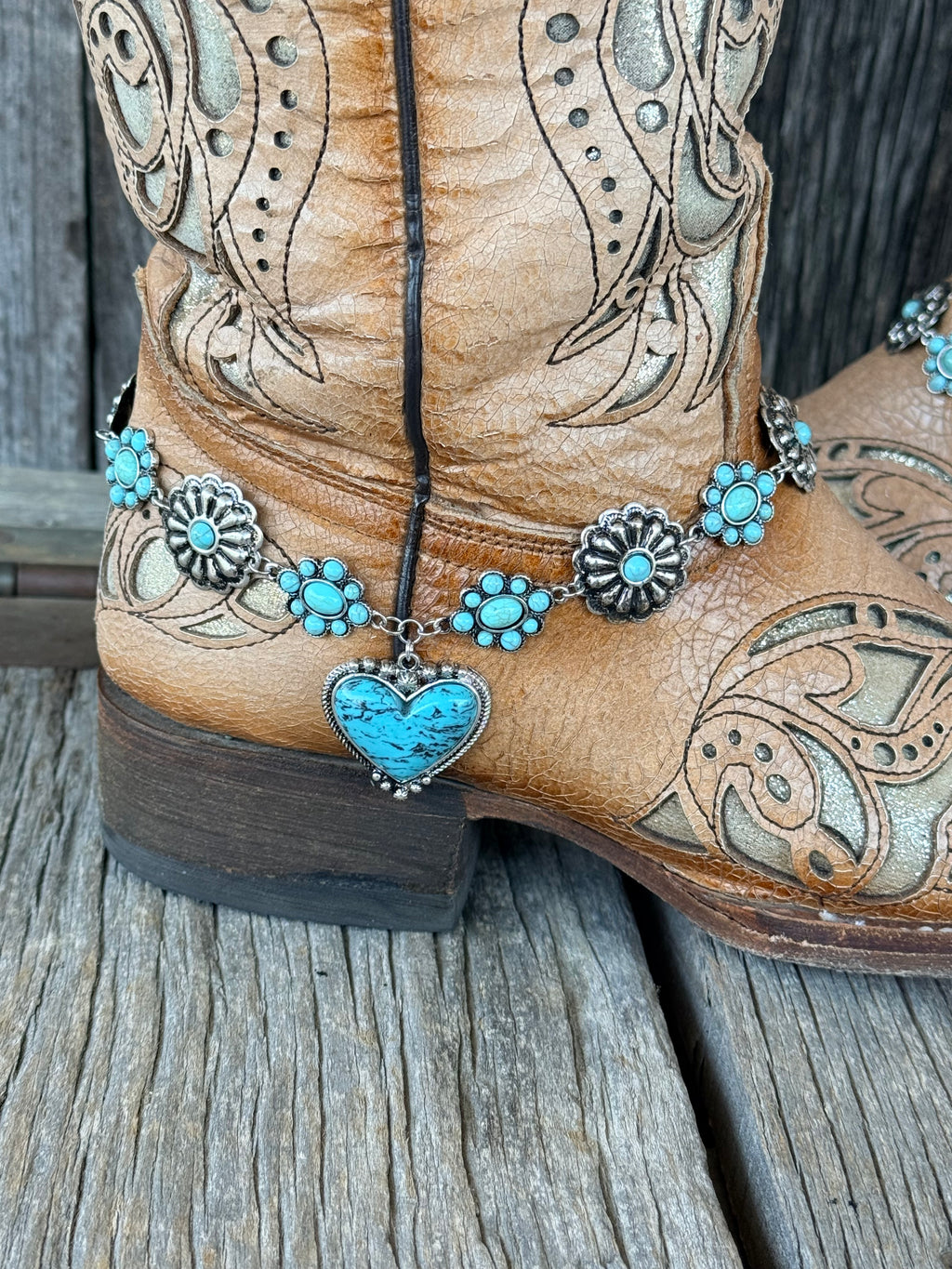 Turquoise Heart & Concho Boot Bracelet | Western Boho Cowboy Boot Jewelry | Silver Chain Boot Bracelet