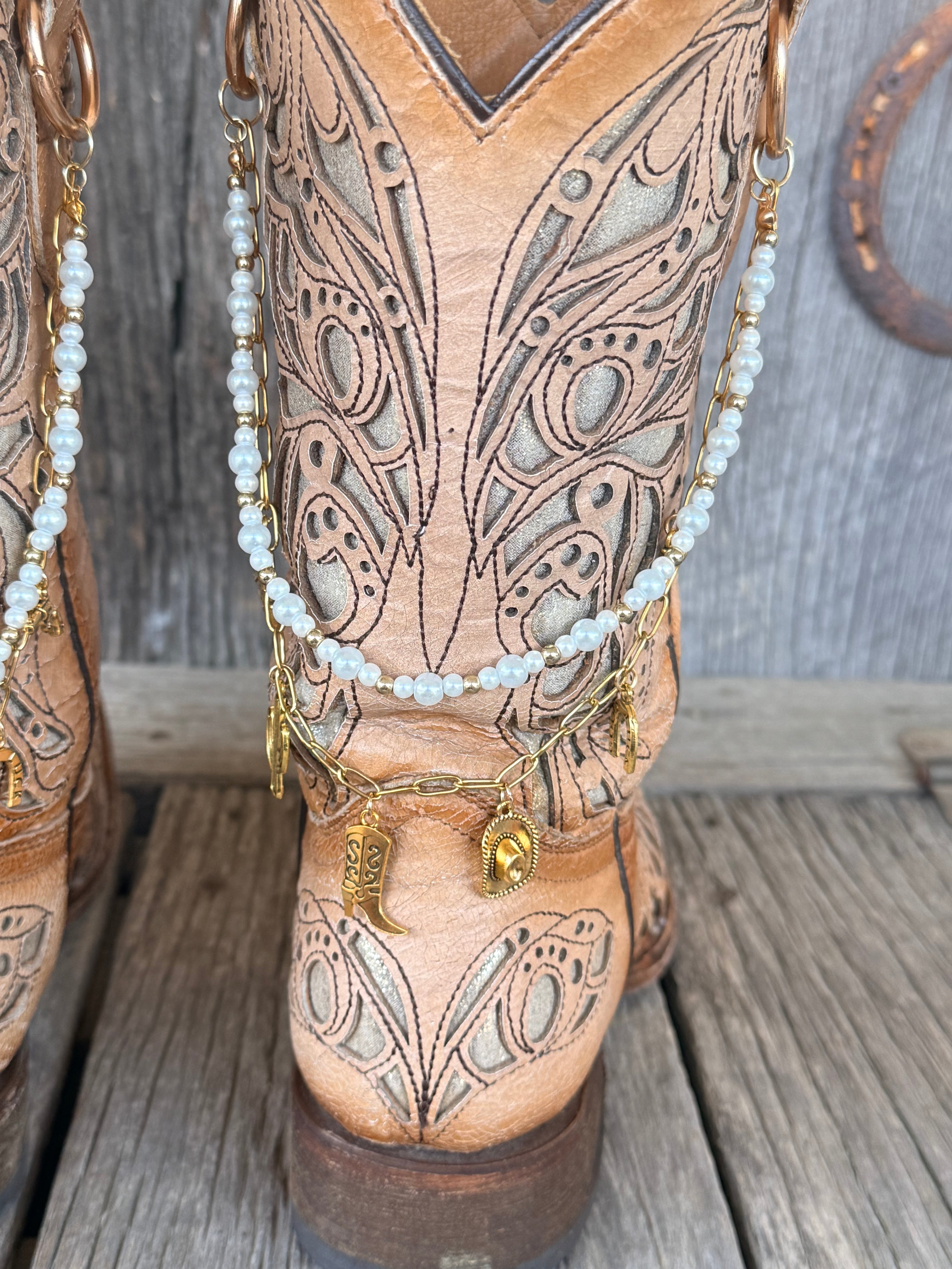 Western Boho Boot Bracelet Chain – Pearl Bead & Gold Charm Boot Jewelry (Pair)