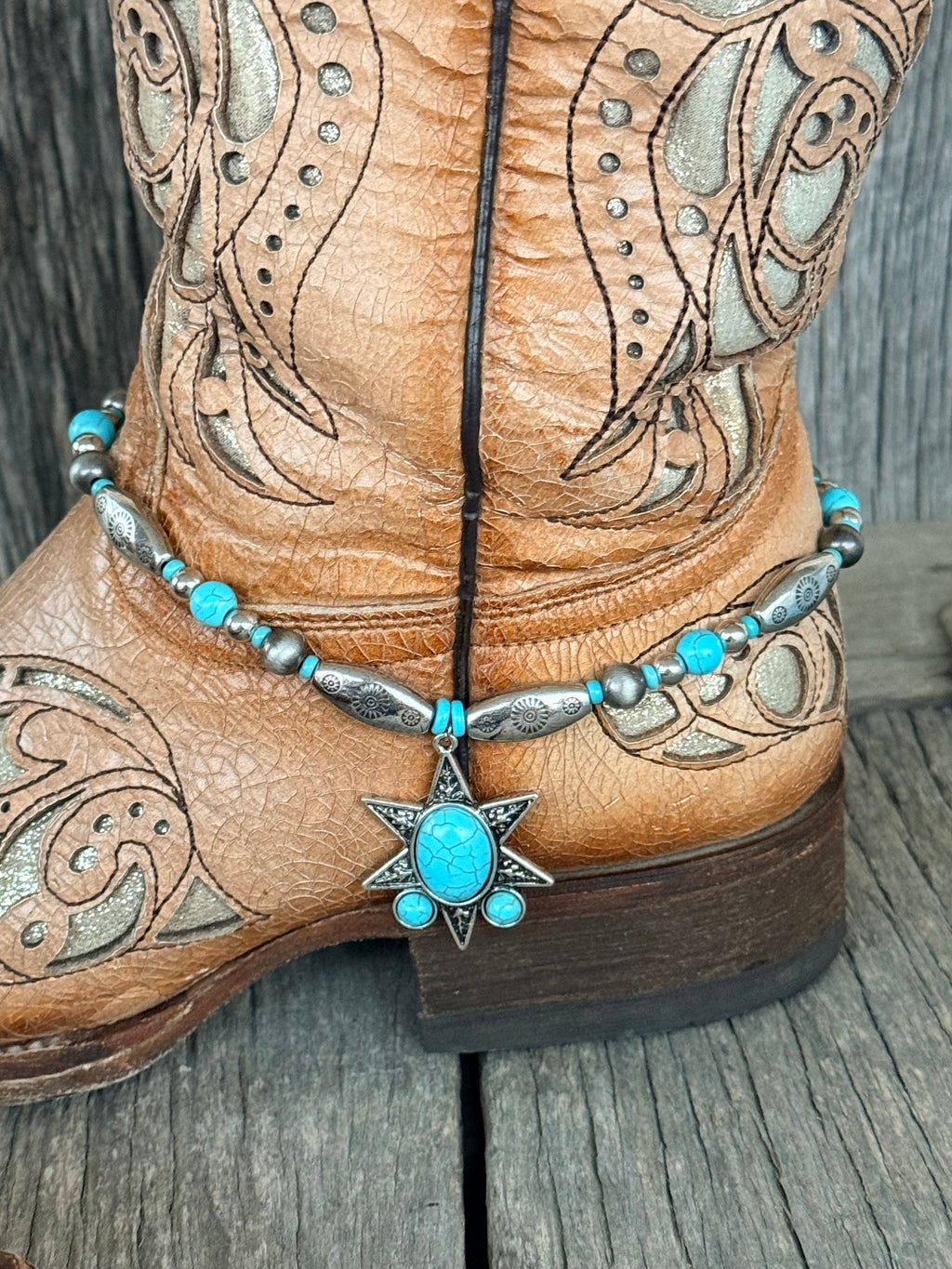 Turquoise & Silver 8-Point Star Boot Bracelet – Western Boho Boot Jewelry (Pair)