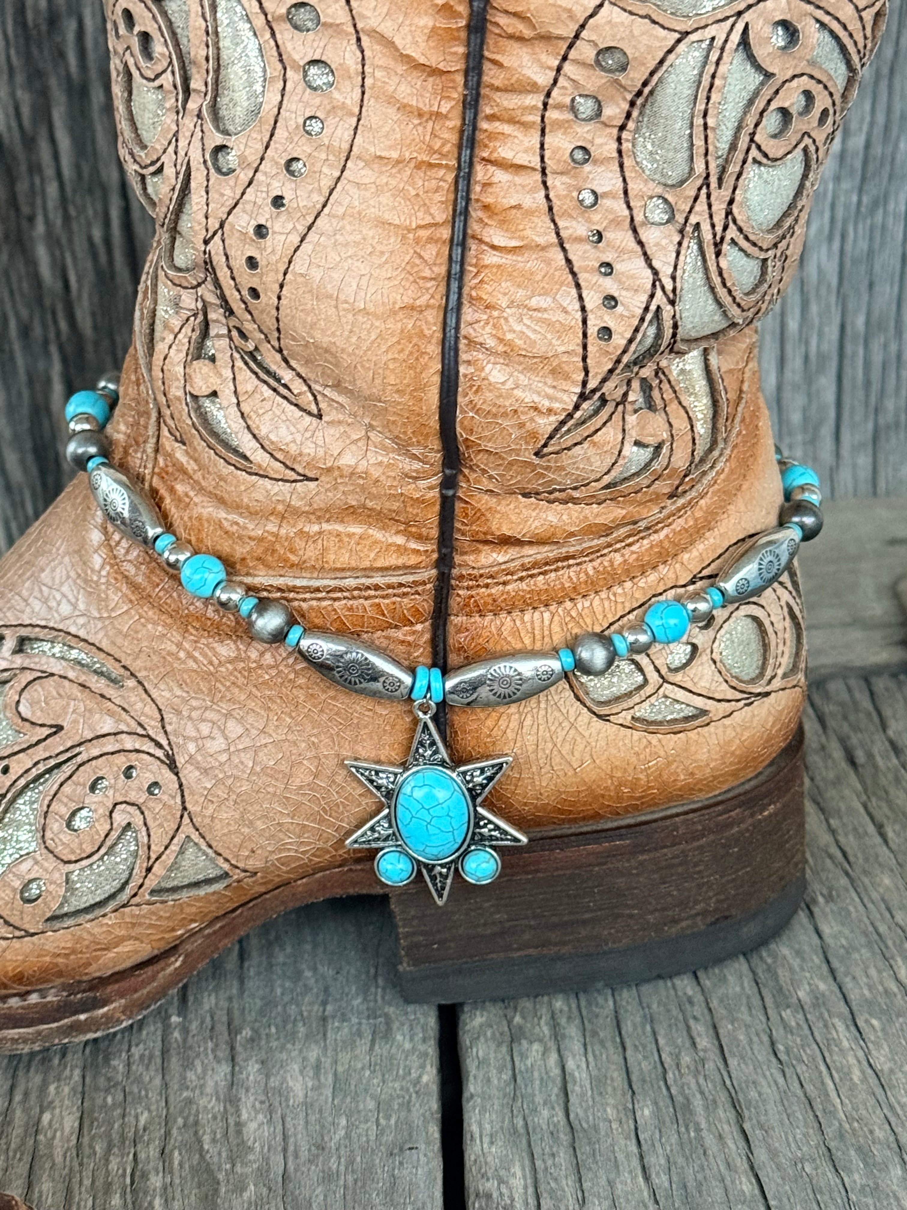 Turquoise & Silver 8-Point Star Boot Bracelet – Western Boho Boot Jewelry (Pair)