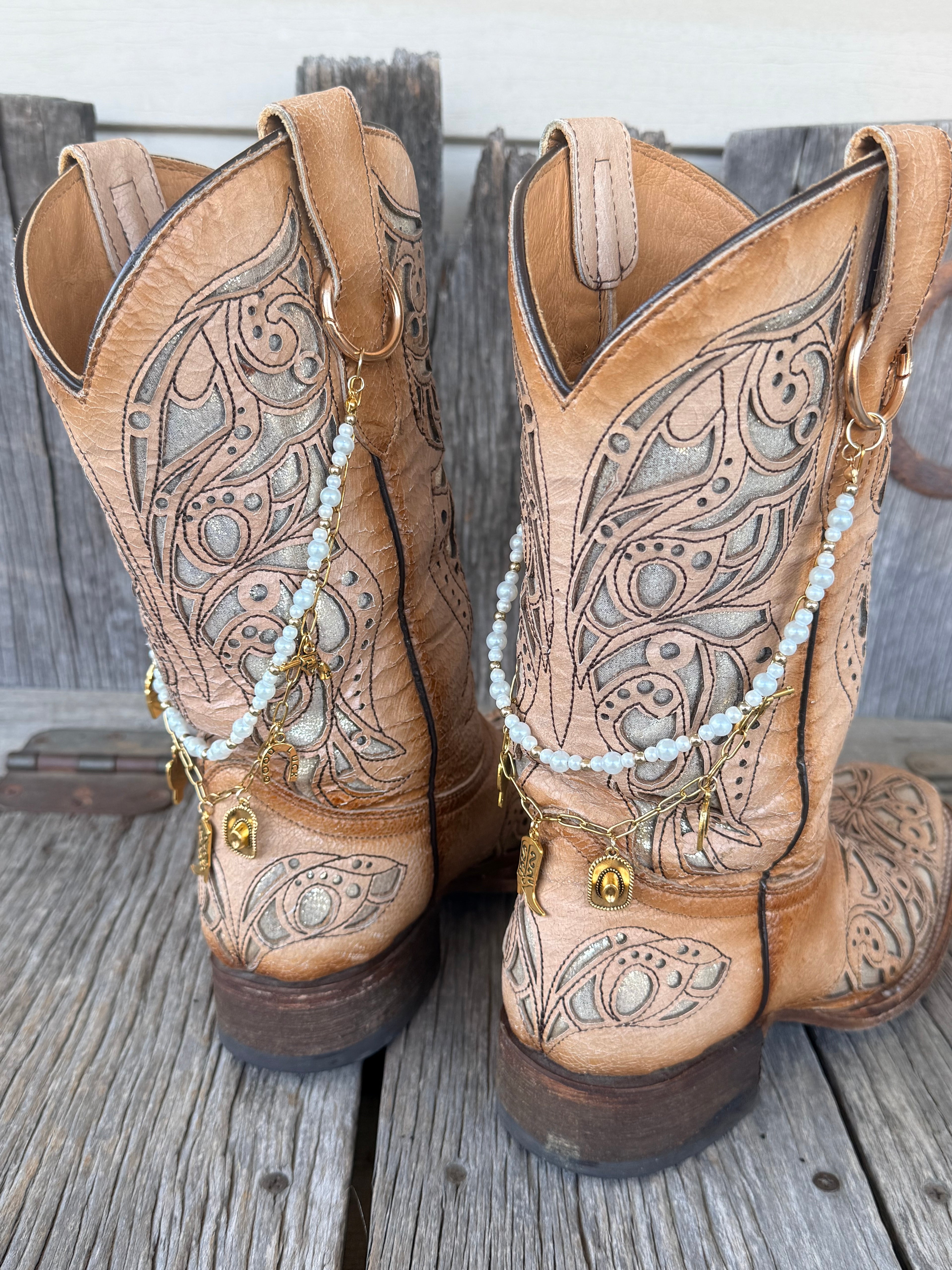 Western Boho Boot Bracelet Chain – Pearl Bead & Gold Charm Boot Jewelry (Pair)