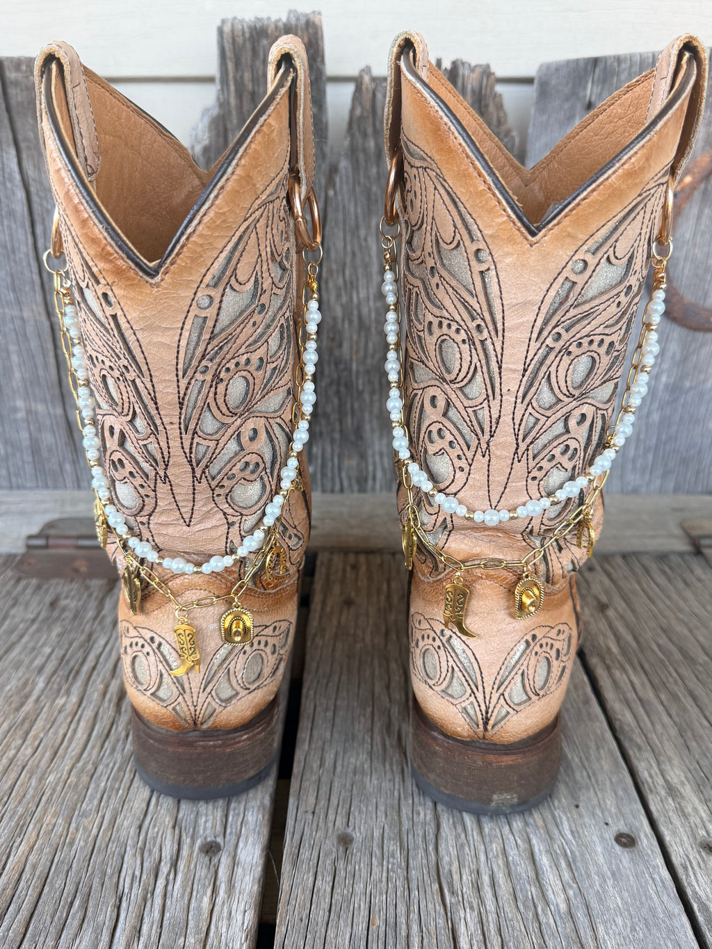 Western Boho Boot Bracelet Chain – Pearl Bead & Gold Charm Boot Jewelry (Pair)