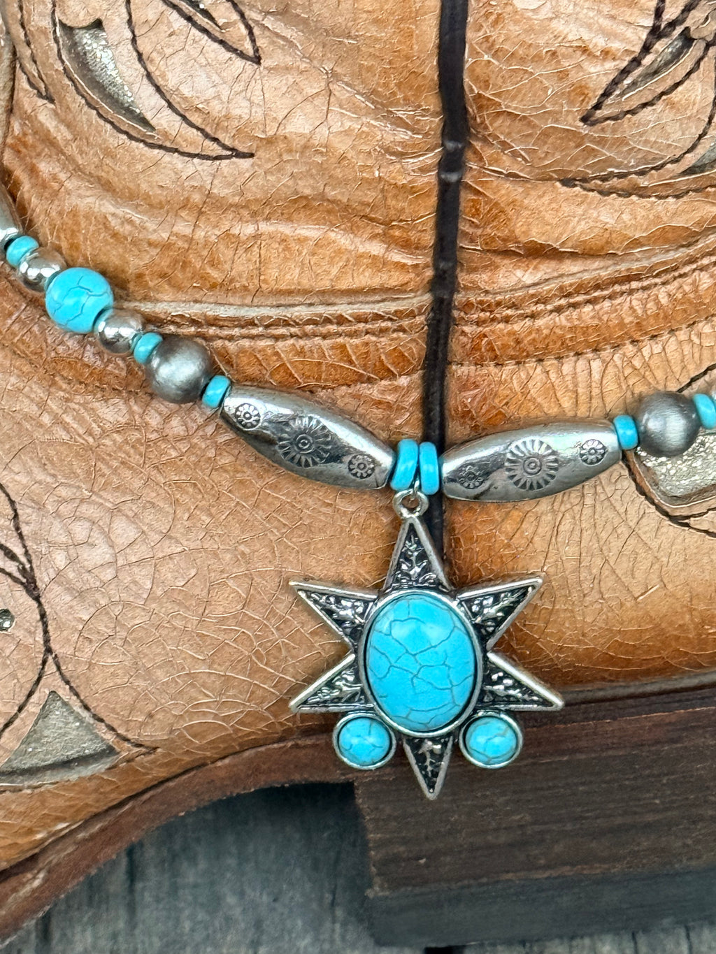 Turquoise & Silver 8-Point Star Boot Bracelet – Western Boho Boot Jewelry (Pair)
