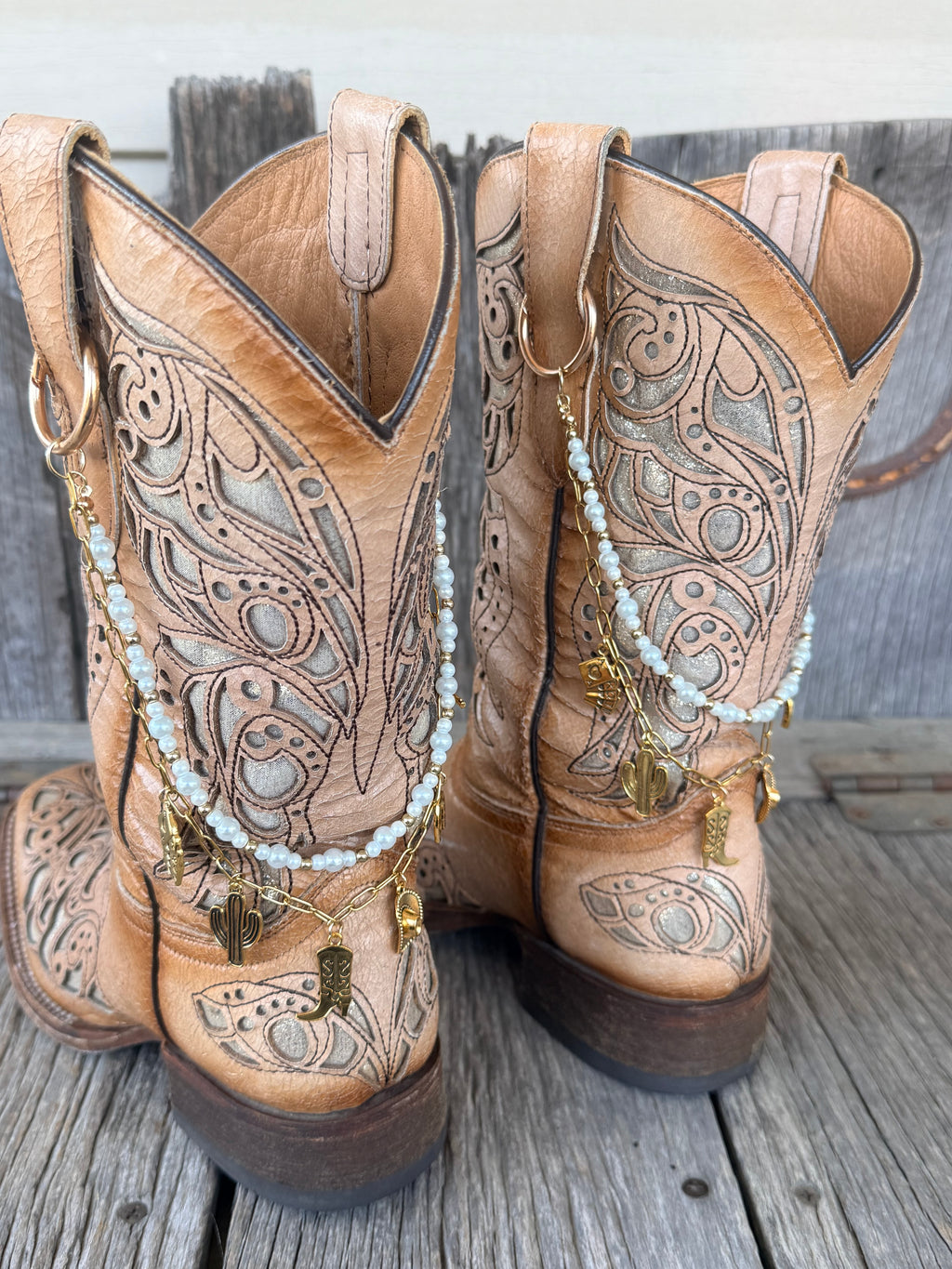 Western Boho Boot Bracelet Chain – Pearl Bead & Gold Charm Boot Jewelry (Pair)