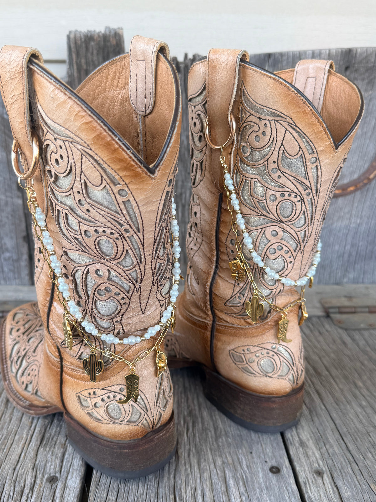 Western Boho Boot Bracelet Chain – Pearl Bead & Gold Charm Boot Jewelry (Pair)