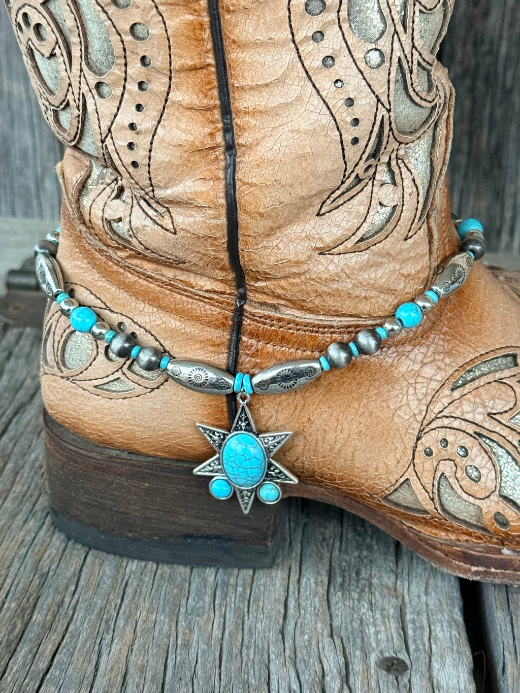Turquoise & Silver 8-Point Star Boot Bracelet – Western Boho Boot Jewelry (Pair)