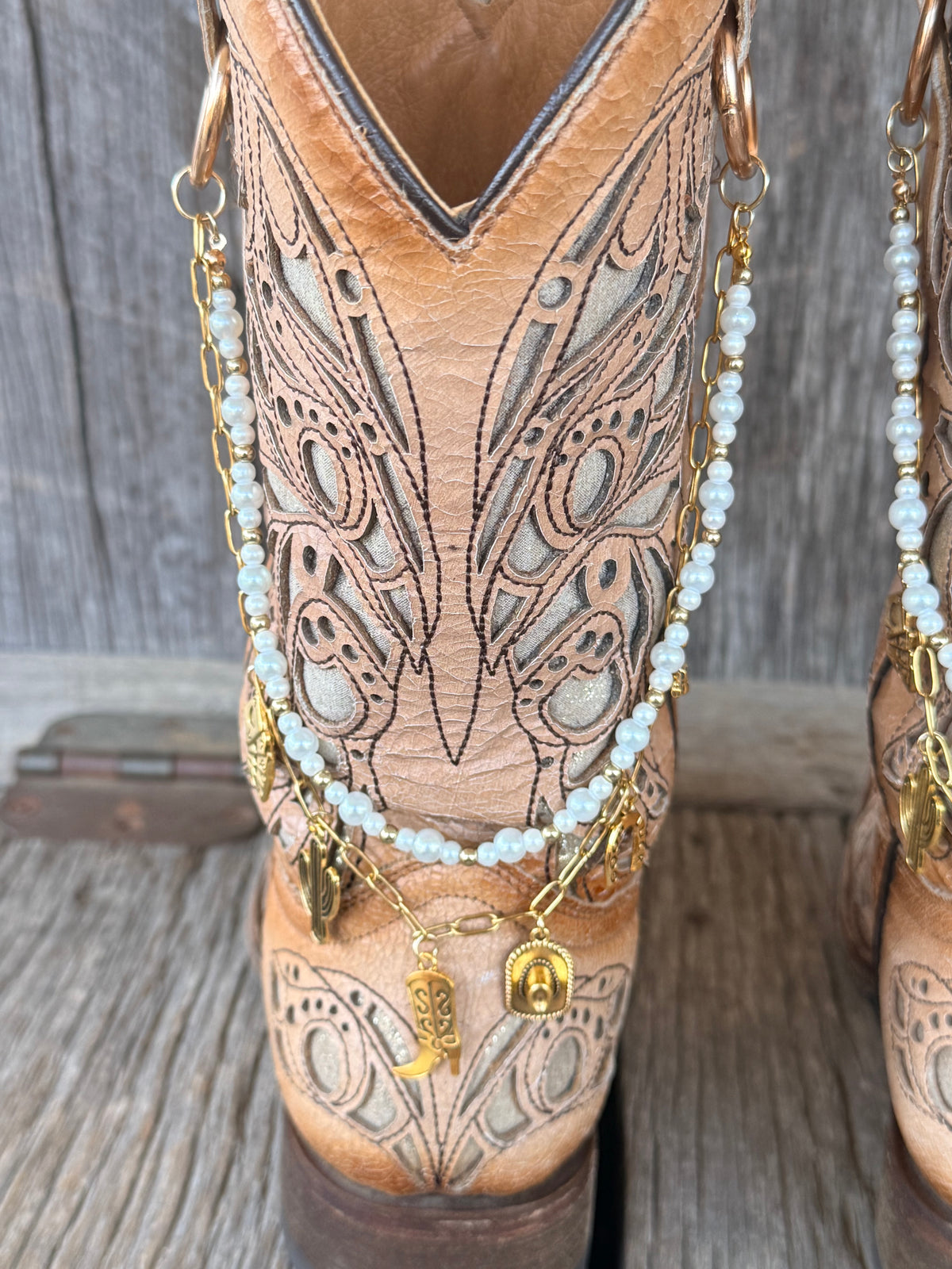 Western Boho Boot Bracelet Chain – Pearl Bead & Gold Charm Boot Jewelry (Pair)