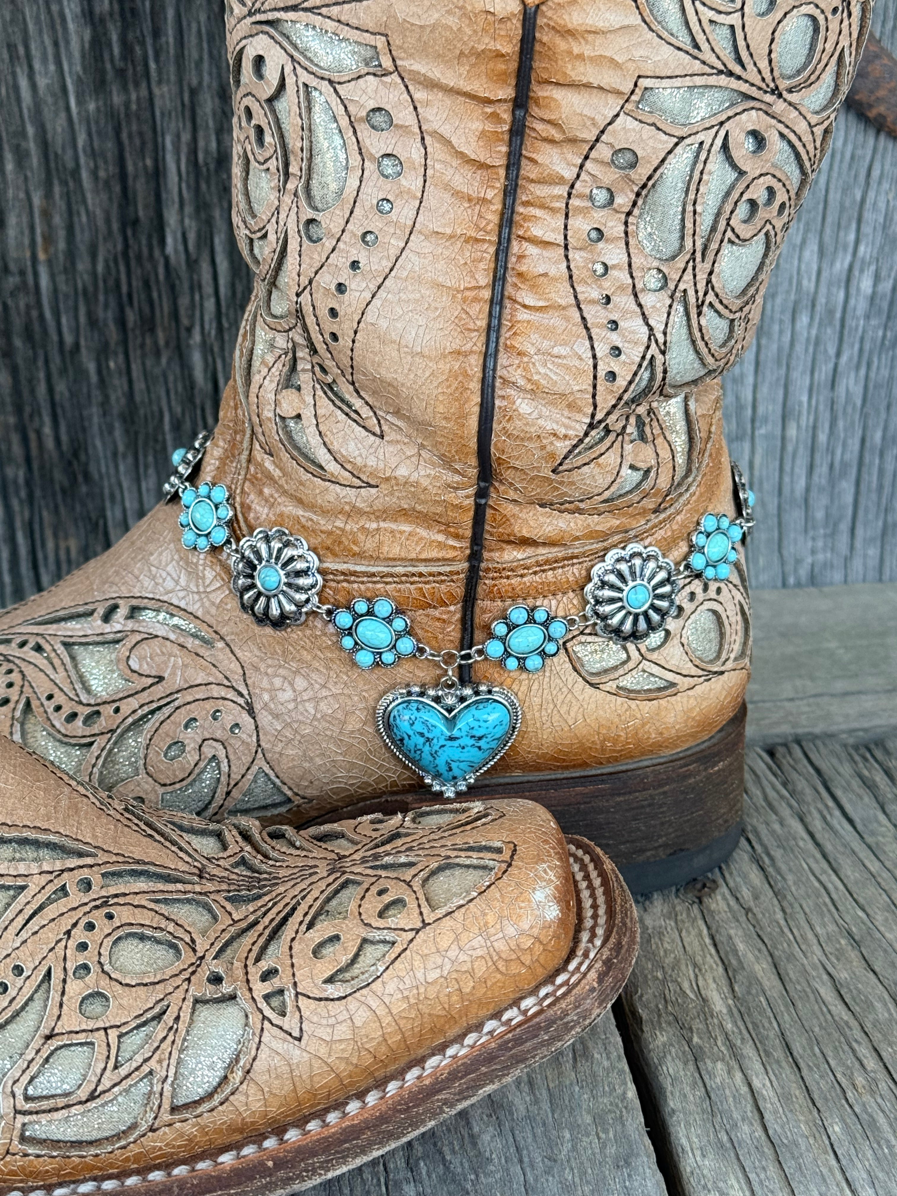 Turquoise Heart & Concho Boot Bracelet | Western Boho Cowboy Boot Jewelry | Silver Chain Boot Bracelet