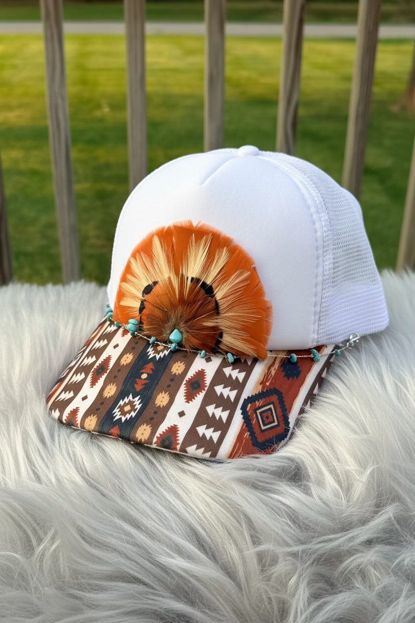 White Trucker Hat with Aztec Print Bill, Brown Feather Pom & Turquoise Bead Chain