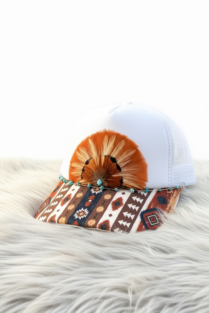 White Trucker Hat with Aztec Print Bill, Brown Feather Pom & Turquoise Bead Chain
