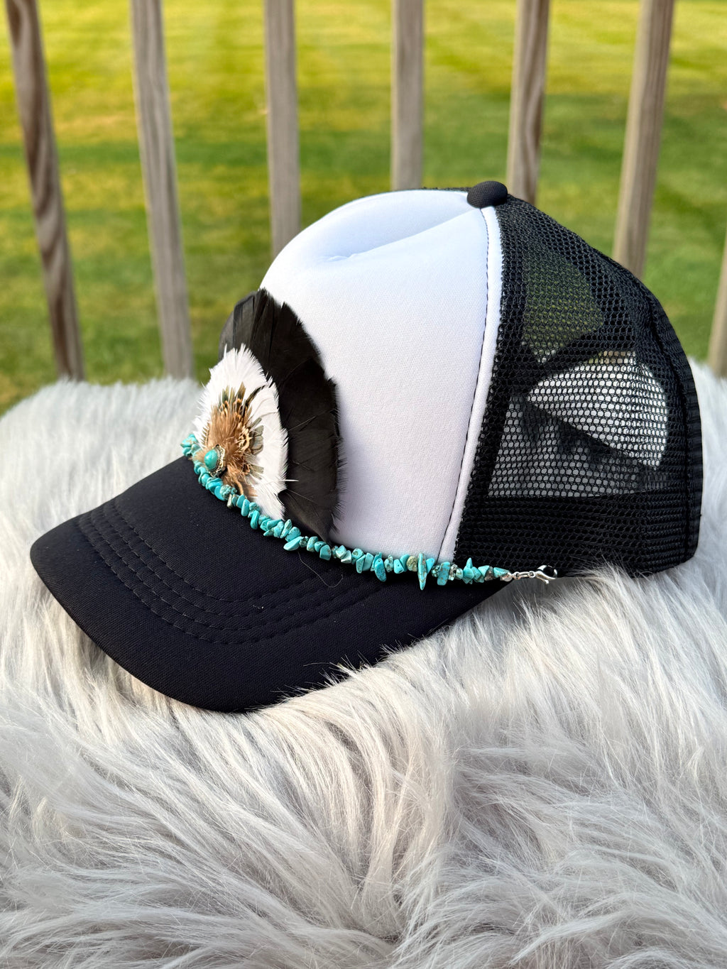 Black, White & Brown Feather Trucker Hat with Silver Turquoise Concho