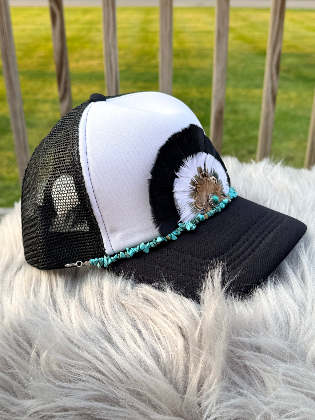 Black, White & Brown Feather Trucker Hat with Silver Turquoise Concho