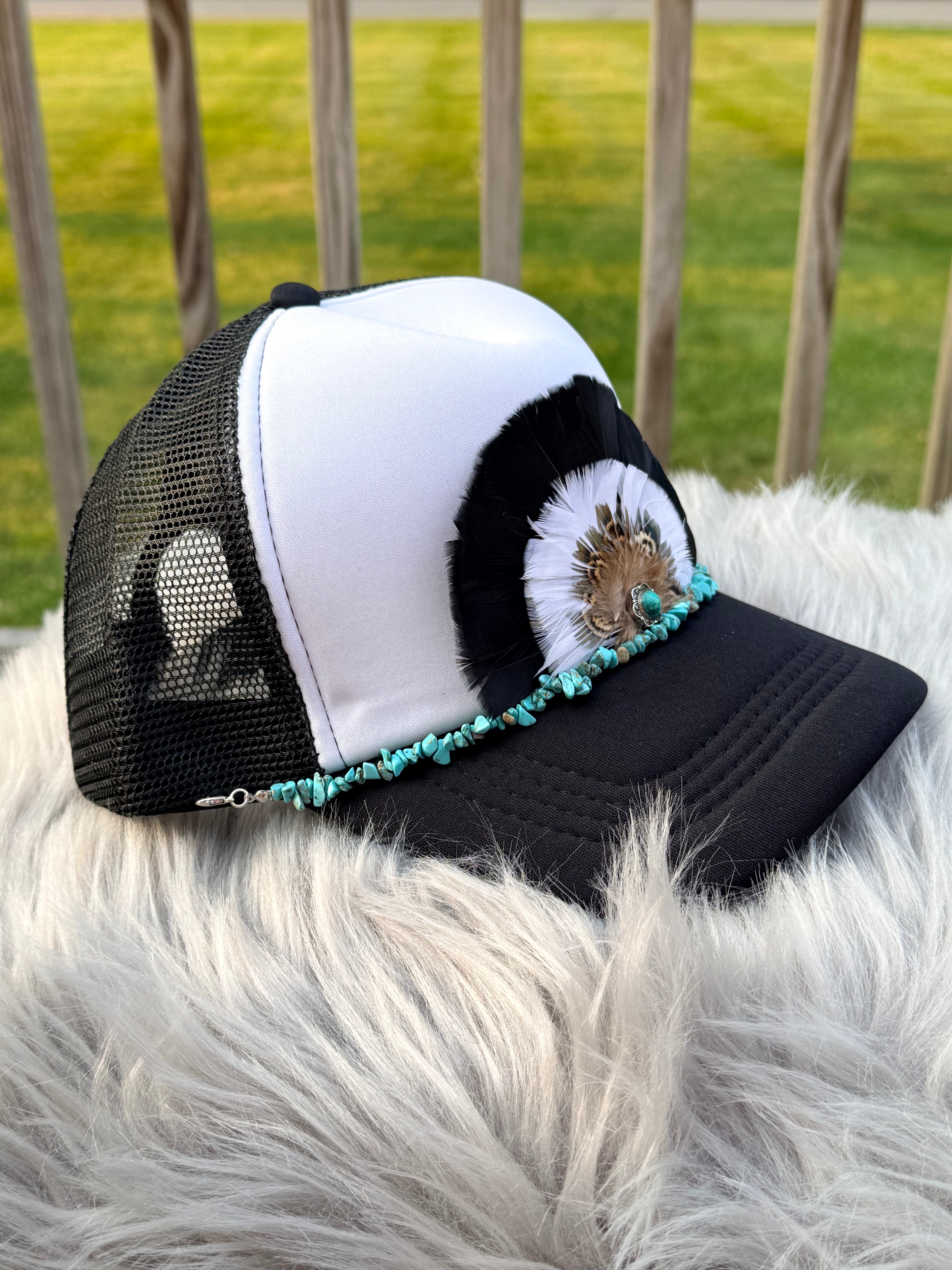 Black, White & Brown Feather Trucker Hat with Silver Turquoise Concho