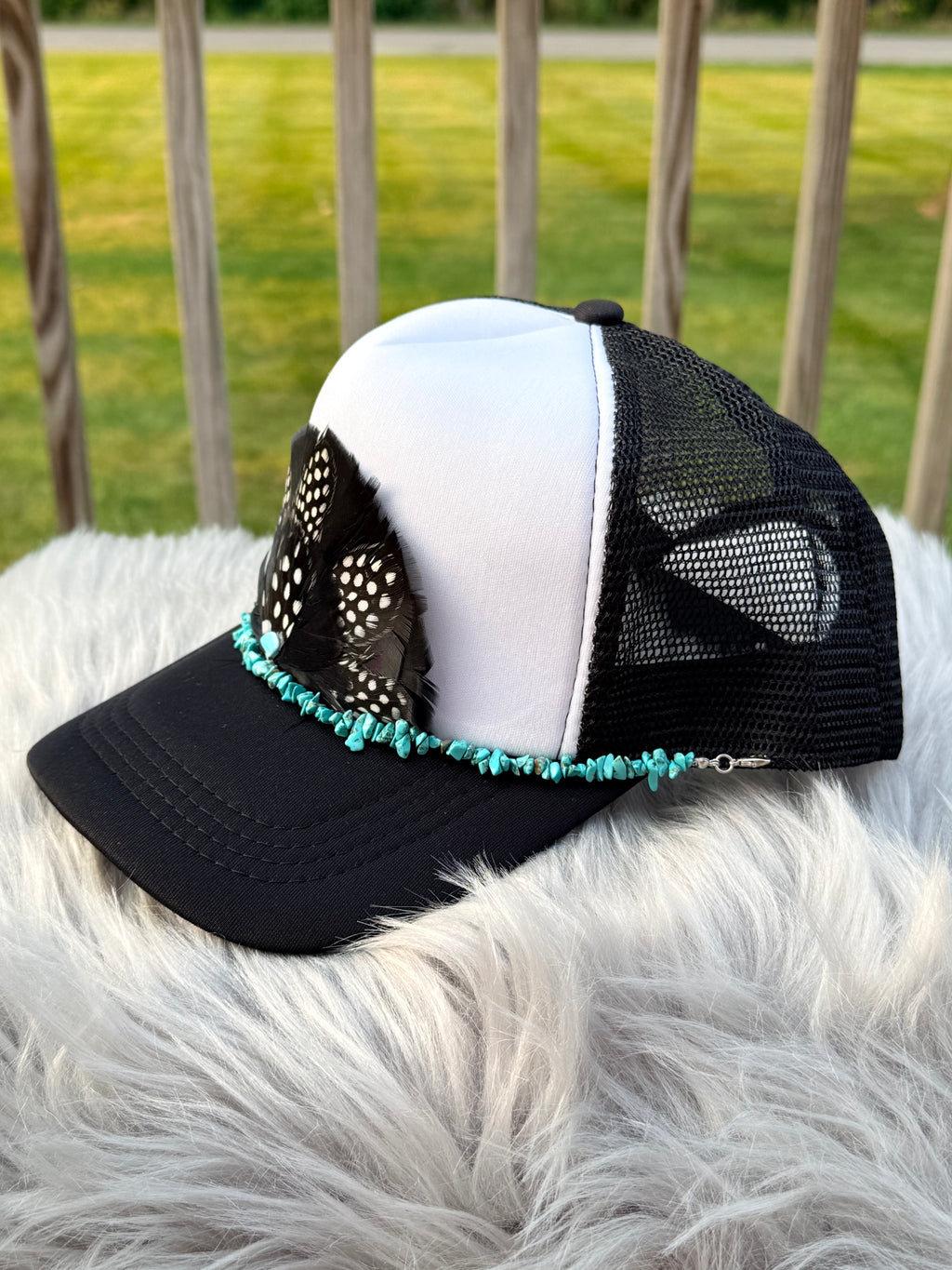 Black & White Feather Trucker Hat with Turquoise Stone & Hat Chain