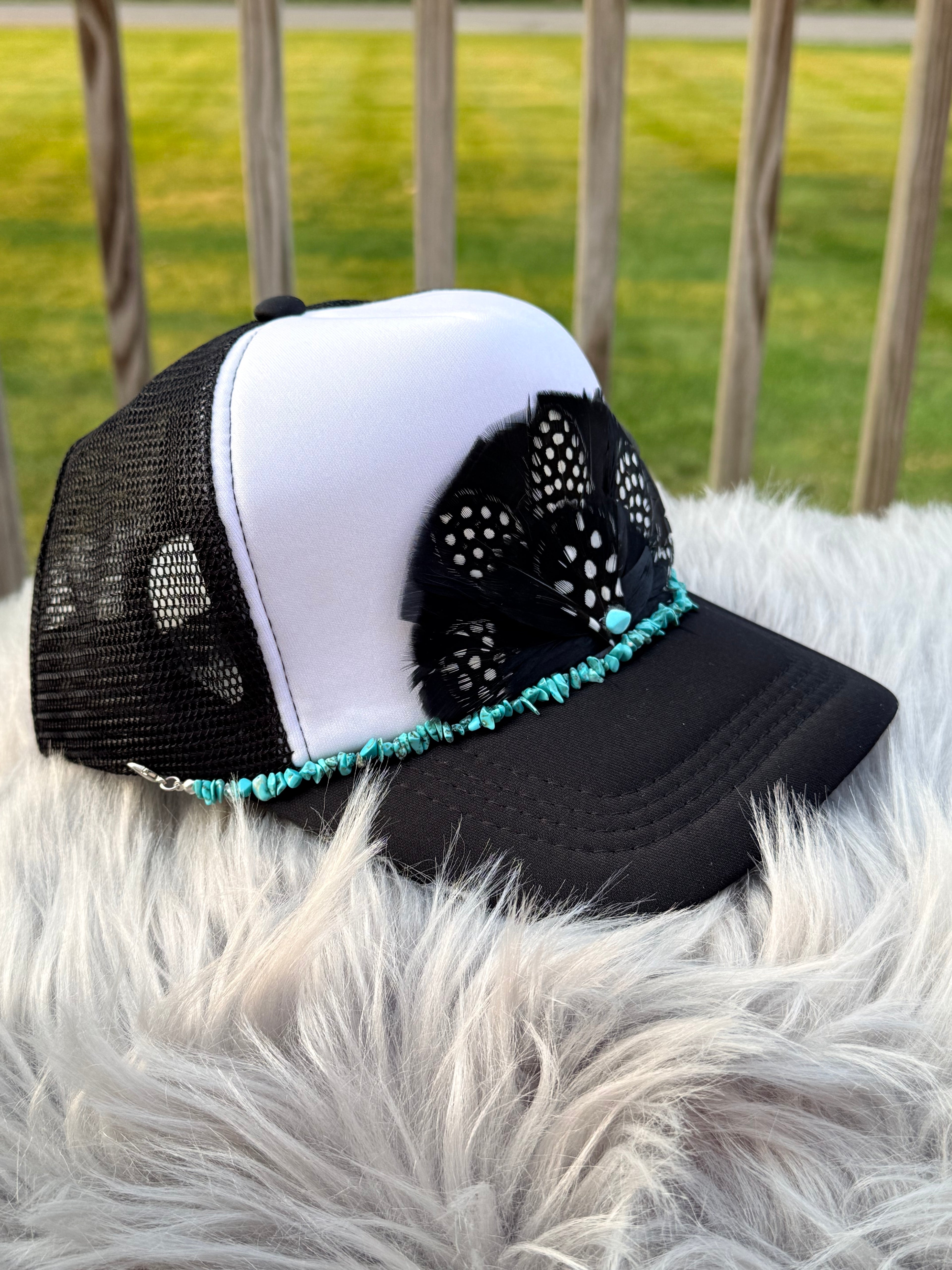 Black & White Feather Trucker Hat with Turquoise Stone & Hat Chain