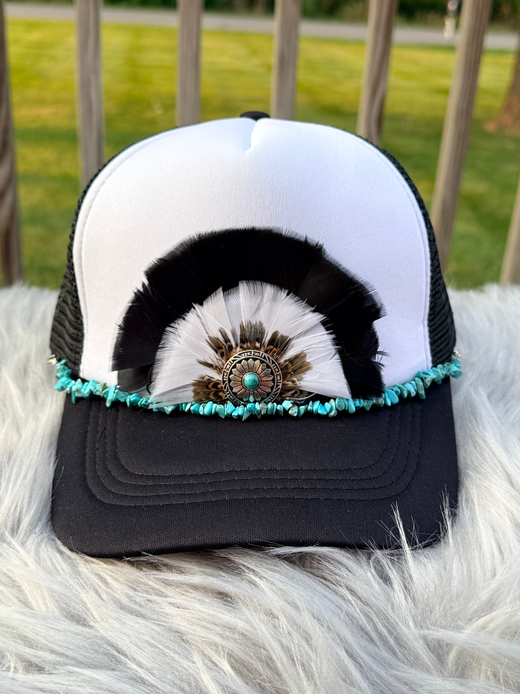 Black & White Feather Trucker Hat with Silver Turquoise Concho & Turquoise Chip Bead Chain