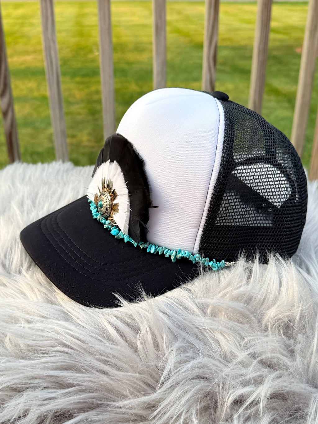 Black & White Feather Trucker Hat with Silver Turquoise Concho & Turquoise Chip Bead Chain