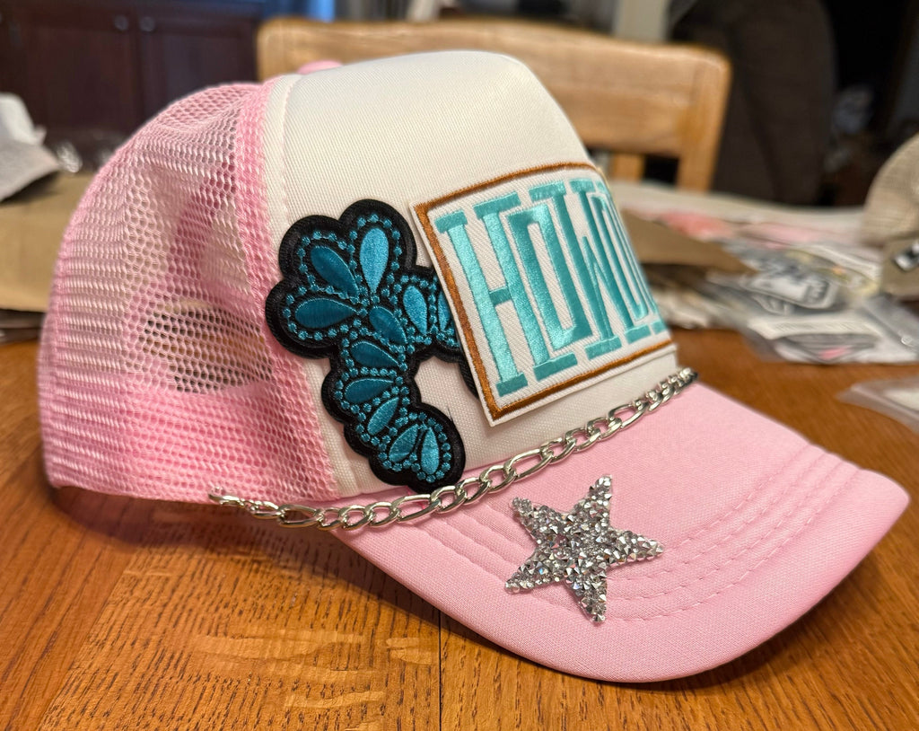 Pink Western Trucker Hat | Howdy, Lightning Bolt & Star Patches | Silver Link Hat Chain