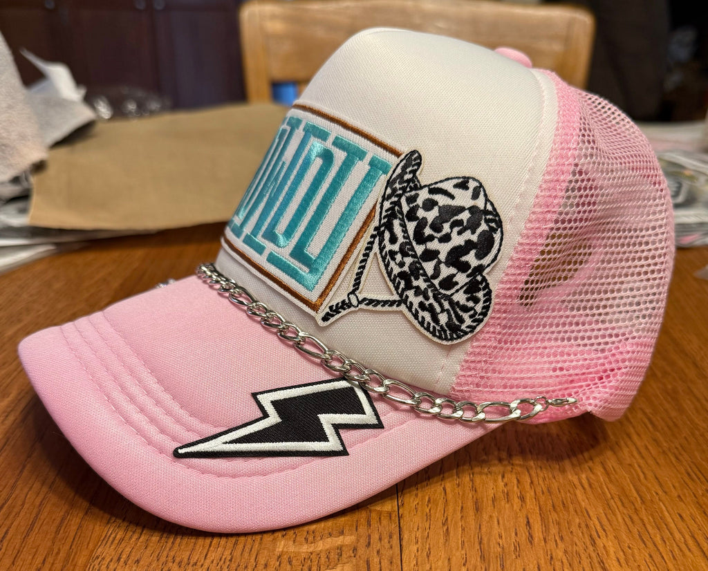 Pink Western Trucker Hat | Howdy, Lightning Bolt & Star Patches | Silver Link Hat Chain