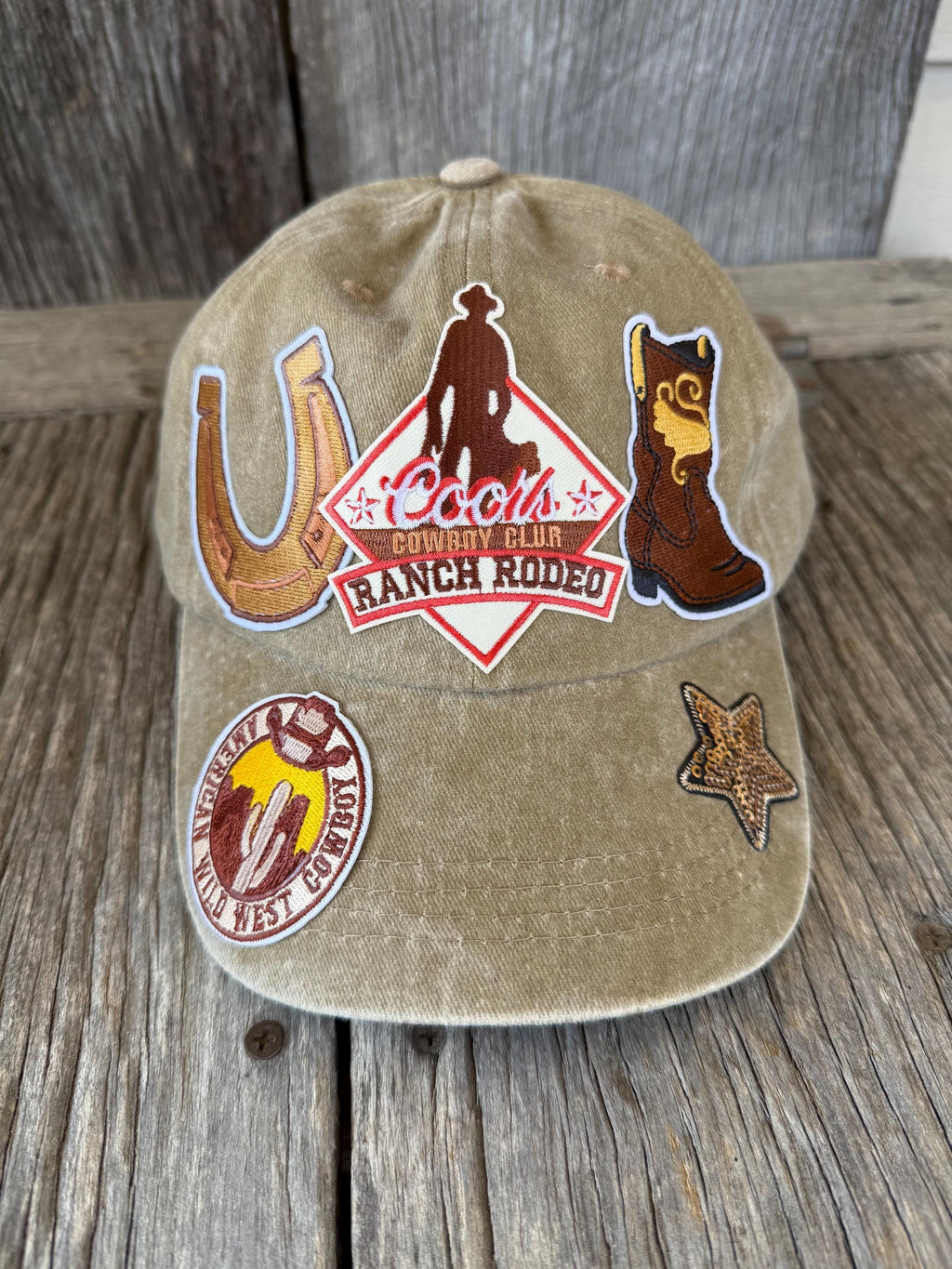 Tan Distressed Western Trucker Hat | Horseshoe, Cowboy Boot & Gold Sequin Star Patches
