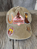 Tan Distressed Western Trucker Hat | Horseshoe, Cowboy Boot & Gold Sequin Star Patches