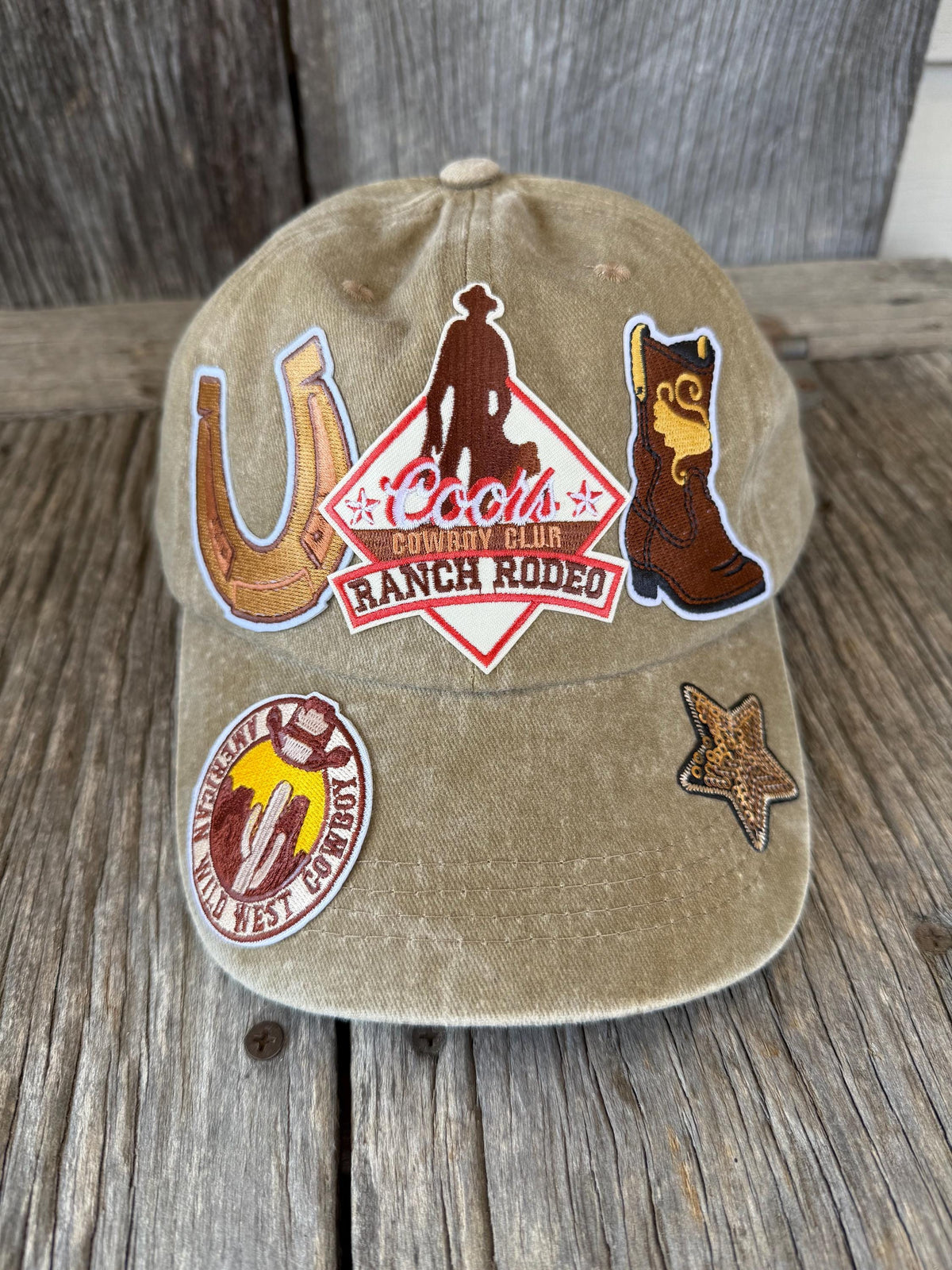 Tan Distressed Western Trucker Hat | Horseshoe, Cowboy Boot & Gold Sequin Star Patches