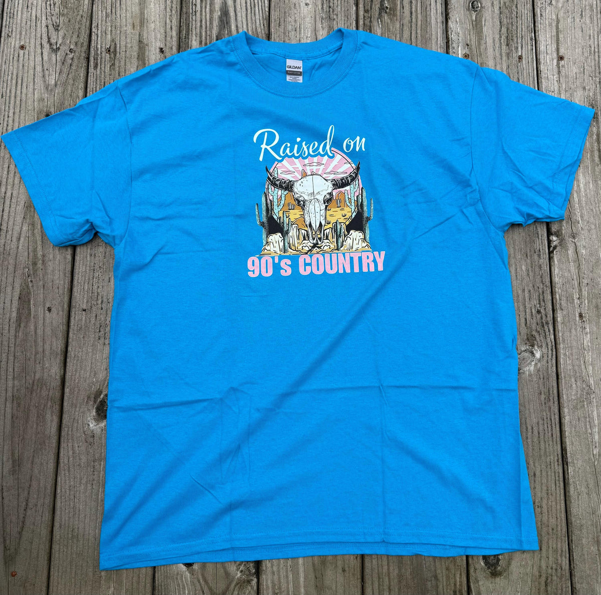 Sapphire Blue Western Graphic Tee – "Raised On 90's Country" Cow Skull Shirt (Size XL)
