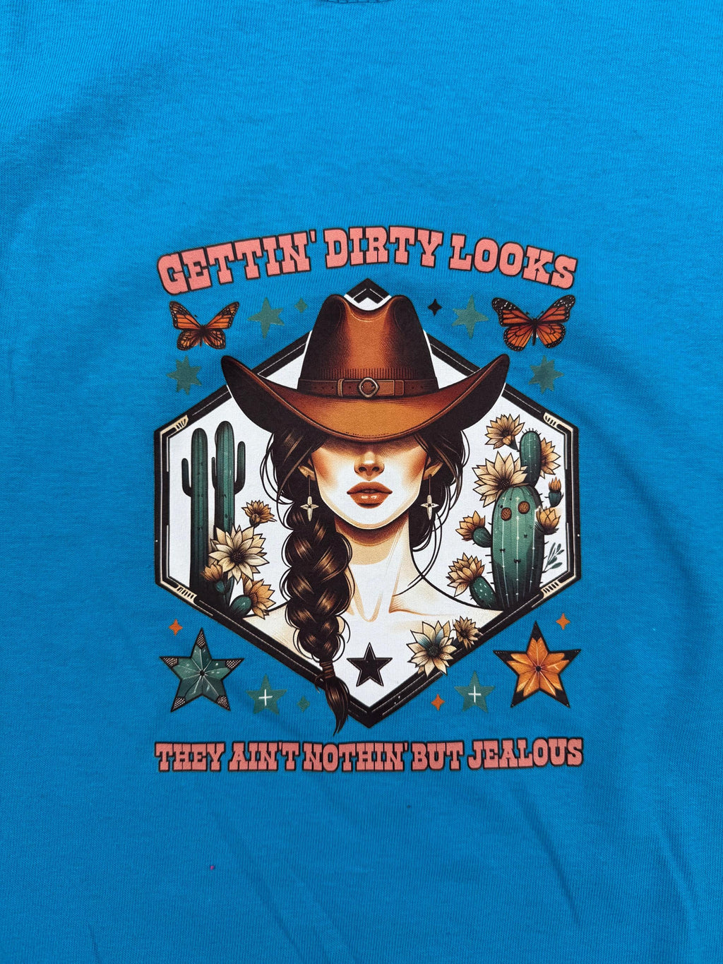 Sapphire Blue Western Cowgirl Graphic Tee – "Gettin' Dirty Looks" Country T-Shirt (Size XL)