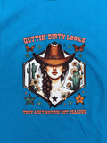 Sapphire Blue Western Cowgirl Graphic Tee – "Gettin' Dirty Looks" Country T-Shirt (Size XL)