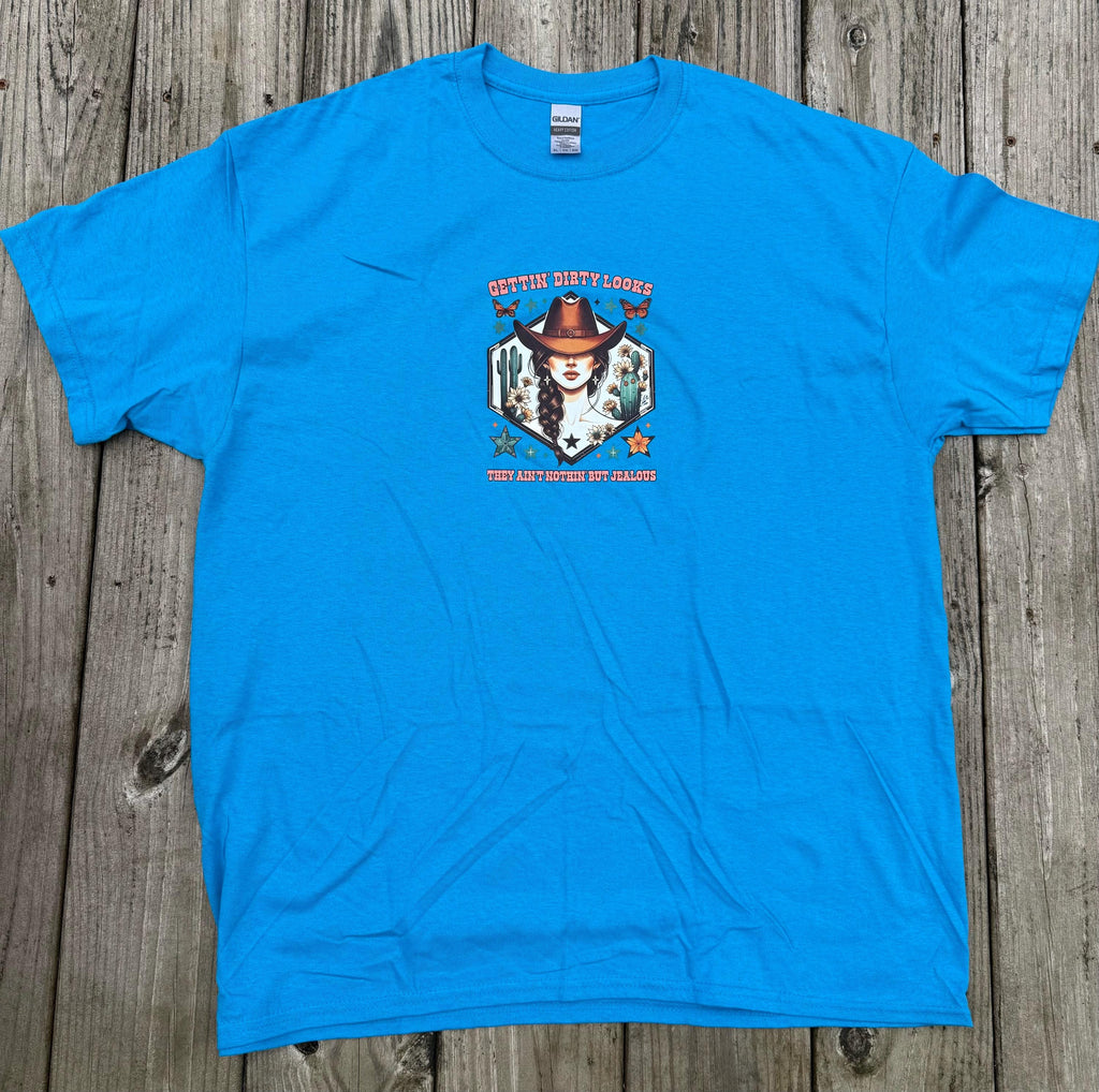 Sapphire Blue Western Cowgirl Graphic Tee – "Gettin' Dirty Looks" Country T-Shirt (Size XL)