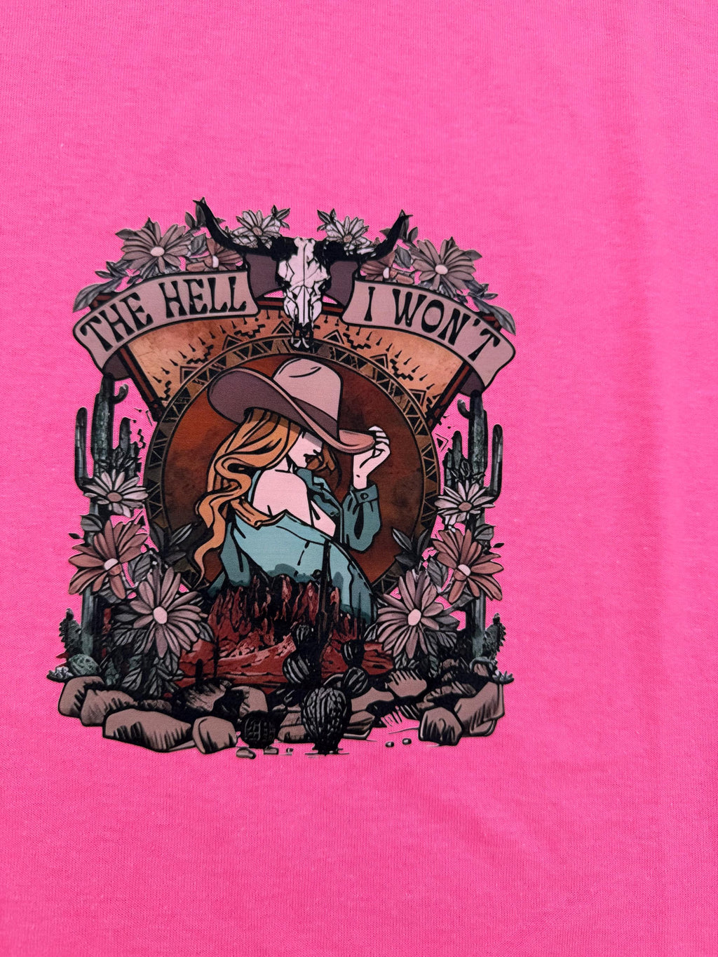 Pink Western Cowgirl Graphic Tee – "The Hell I Won't" Attitude Shirt (Size Large)