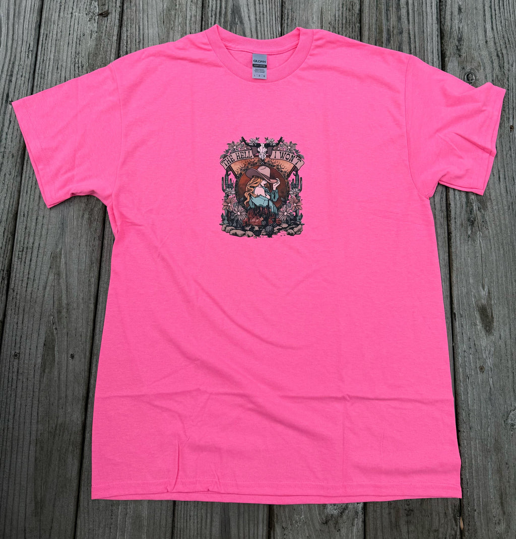 Pink Western Cowgirl Graphic Tee – "The Hell I Won't" Attitude Shirt (Size Large)
