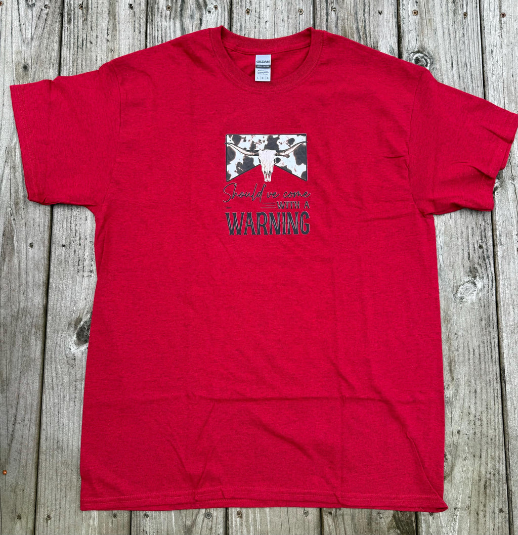 Red Western Graphic Tee – "Should've Come With A Warning" Cow Skull Shirt (Size Large)