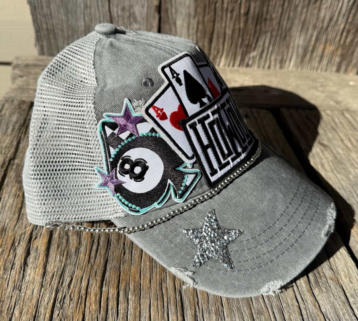 Distressed Gray Trucker Hat | Howdy, Playing Cards & 8 Ball Patches | Glitter Star & Lightning Bolt Brim