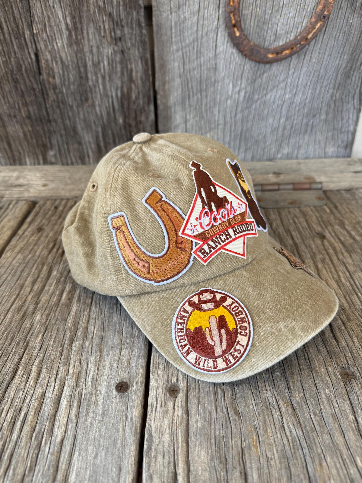 Tan Distressed Western Trucker Hat | Horseshoe, Cowboy Boot & Gold Sequin Star Patches