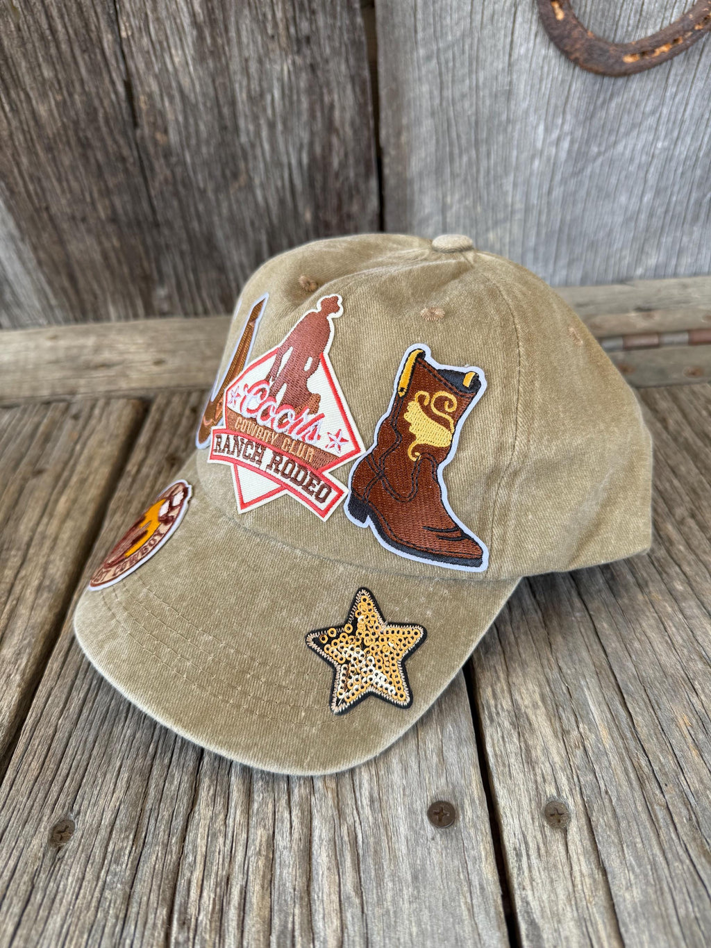 Tan Distressed Western Trucker Hat | Horseshoe, Cowboy Boot & Gold Sequin Star Patches