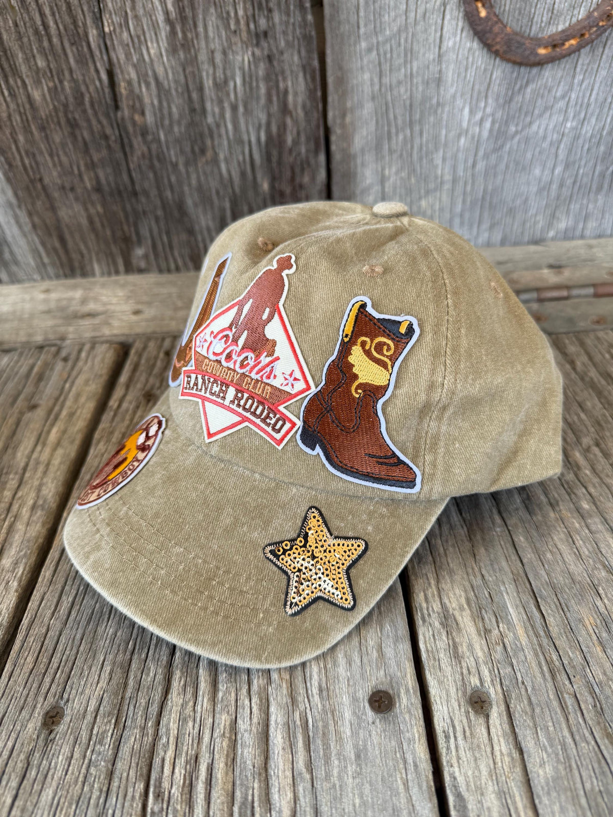 Tan Distressed Western Trucker Hat | Horseshoe, Cowboy Boot & Gold Sequin Star Patches