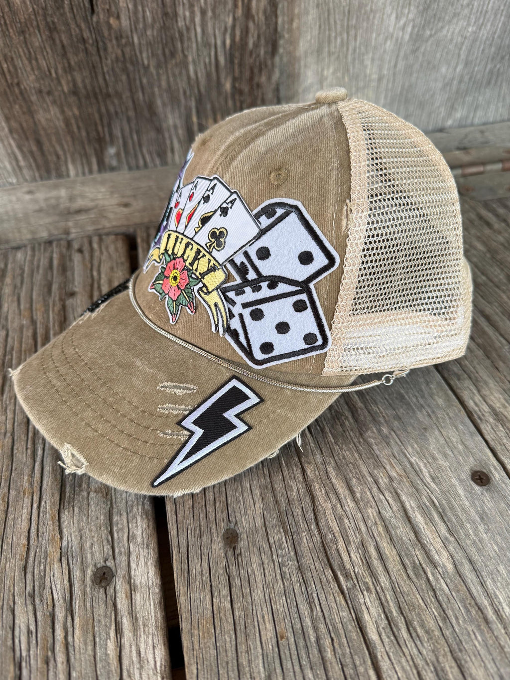Tan Distressed Ponytail Trucker Hat | Lucky Gambler Poker, Eight Ball & Dice Patches | Silver Hat Chain