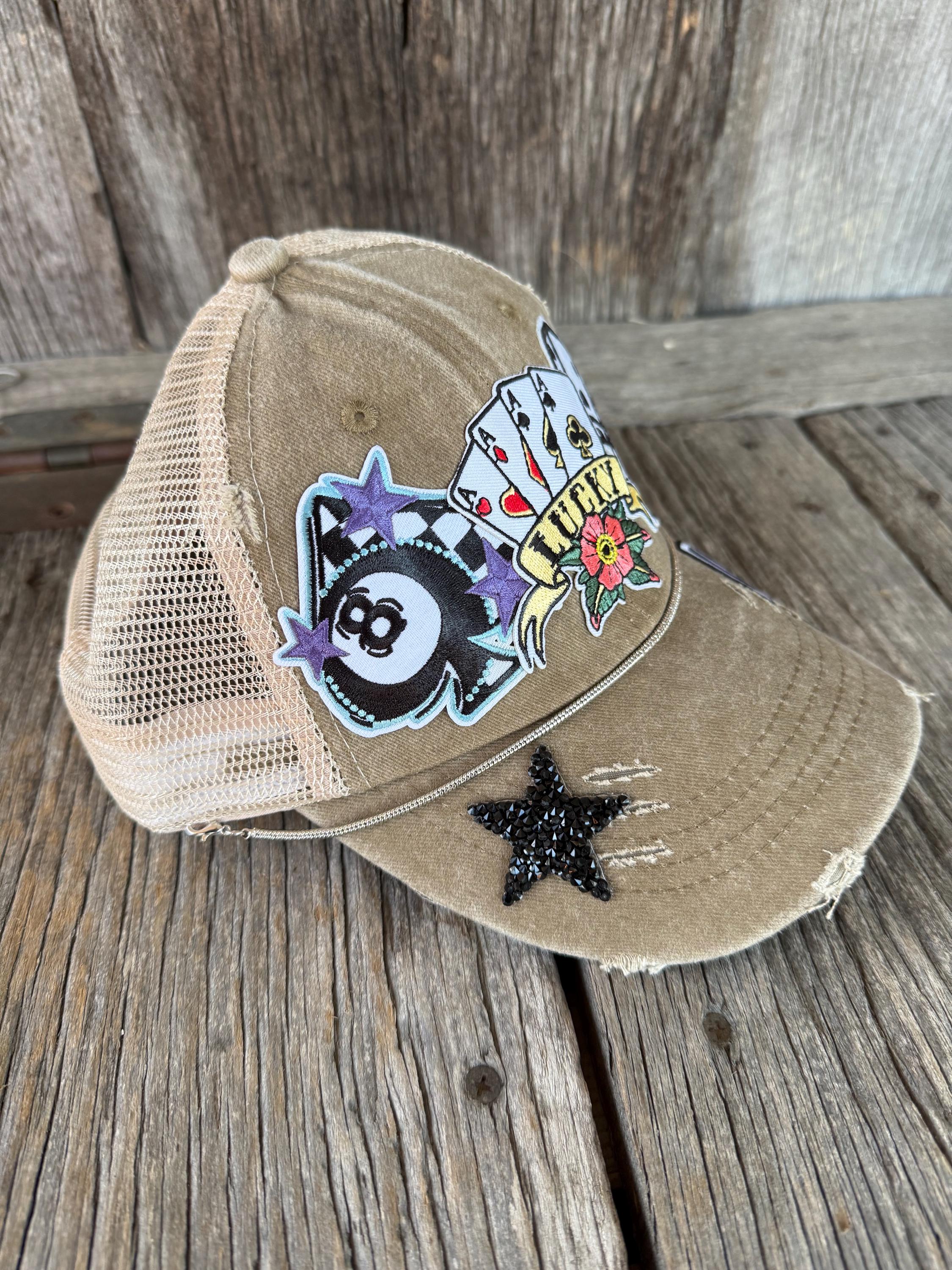 Tan Distressed Ponytail Trucker Hat | Lucky Gambler Poker, Eight Ball & Dice Patches | Silver Hat Chain