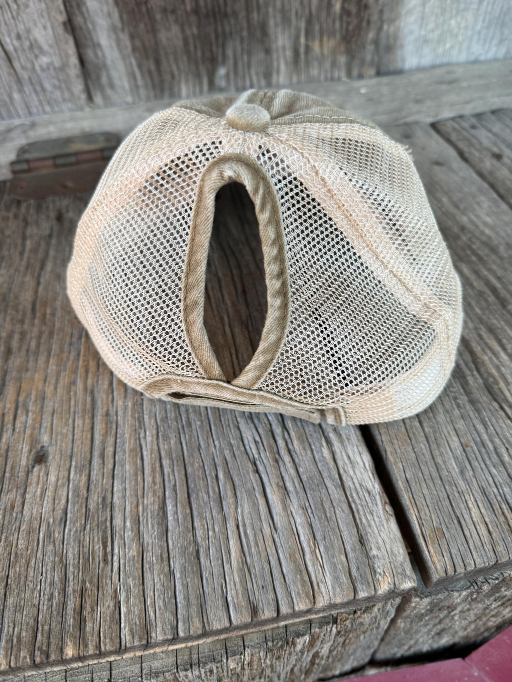 Tan Distressed Ponytail Trucker Hat | Lucky Gambler Poker, Eight Ball & Dice Patches | Silver Hat Chain