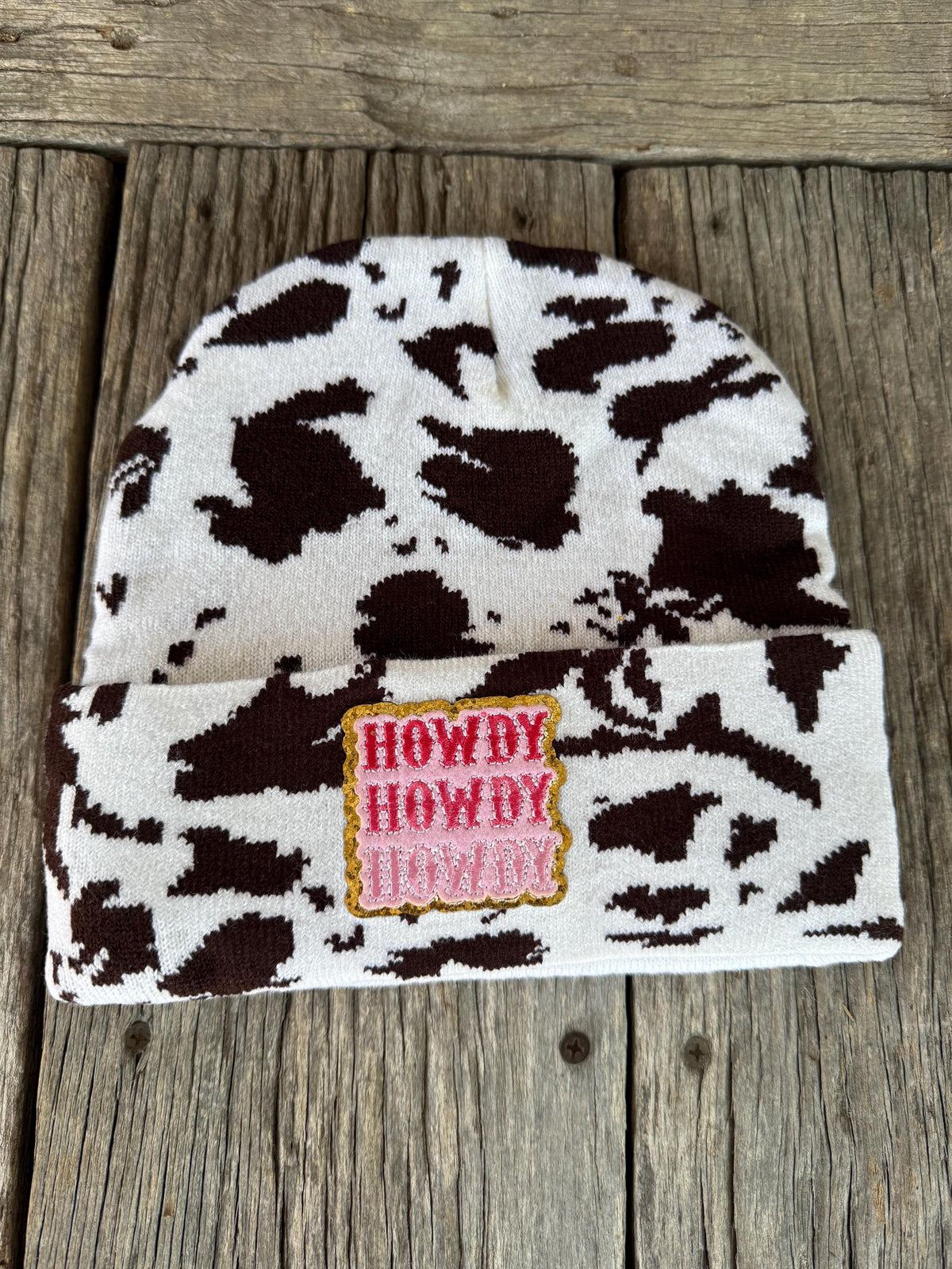 Western Animal Print Beanie with Howdy Patch – Cowgirl Winter Hat