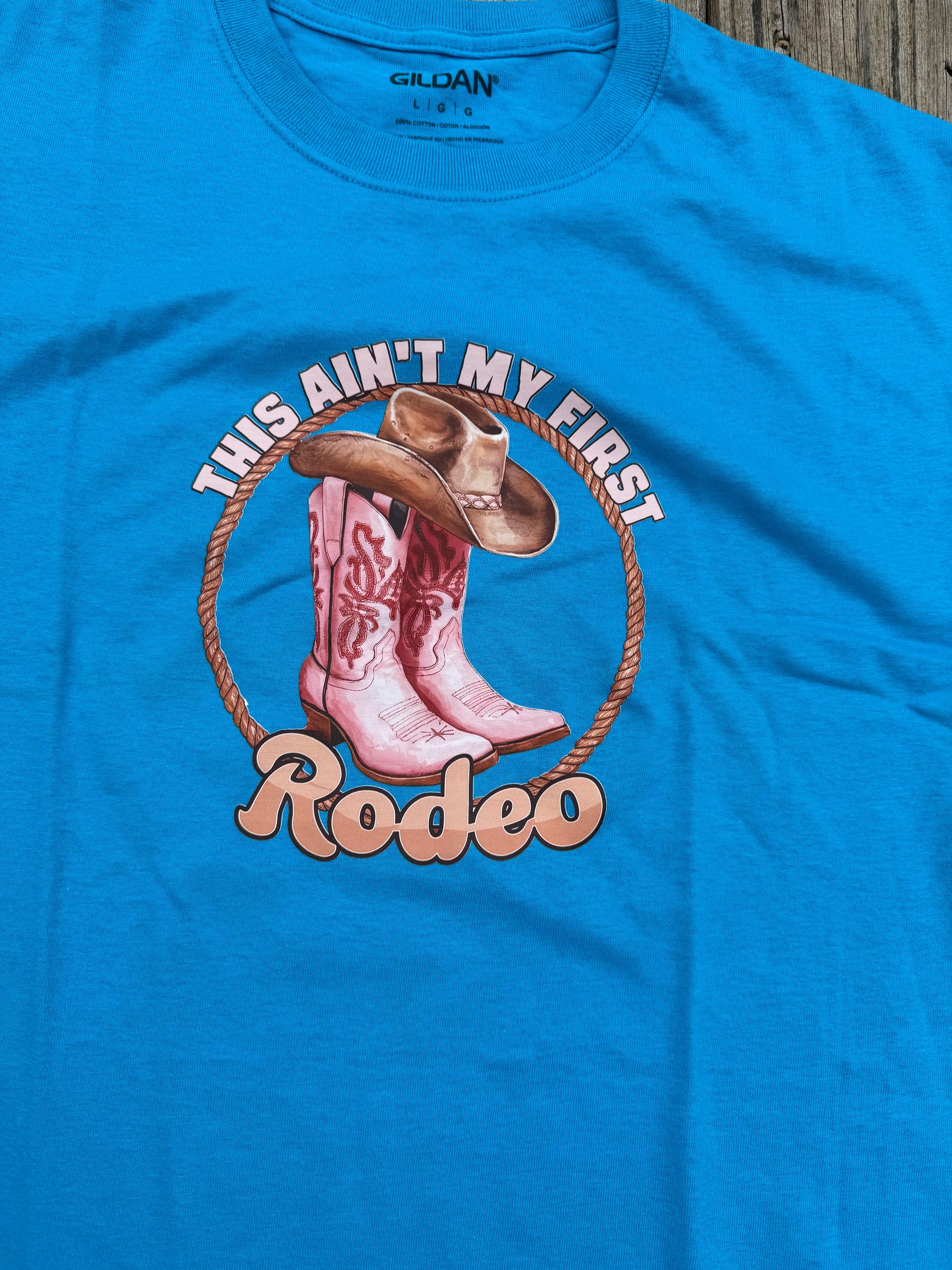 Blue Western Graphic Tee – "This Ain't My First Rodeo" Cowboy Boots & Cow Skull (Size Large)