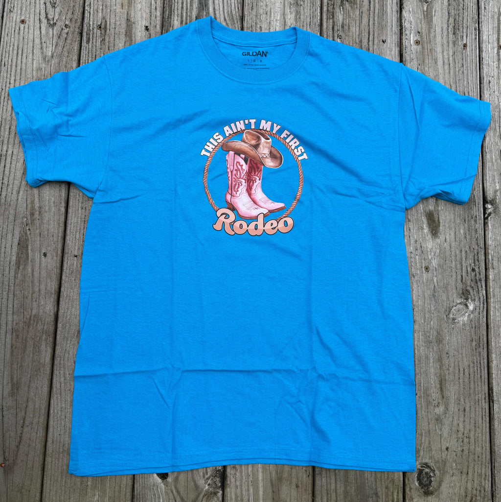 Blue Western Graphic Tee – "This Ain't My First Rodeo" Cowboy Boots & Cow Skull (Size Large)