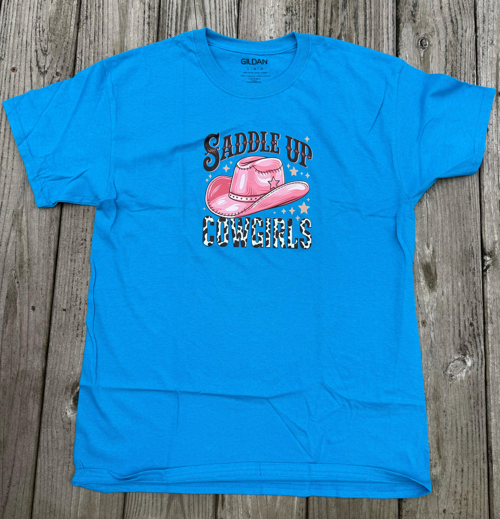 Sapphire Blue Western Graphic Tee – "Saddle Up Cowgirls" Cowboy Hat Shirt (Size Large)