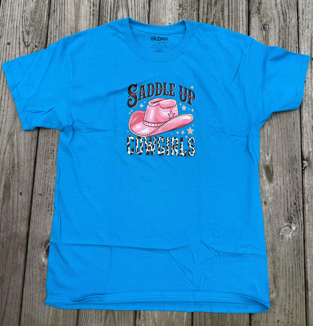 Sapphire Blue Western Graphic Tee – "Saddle Up Cowgirls" Cowboy Hat Shirt (Size Large)
