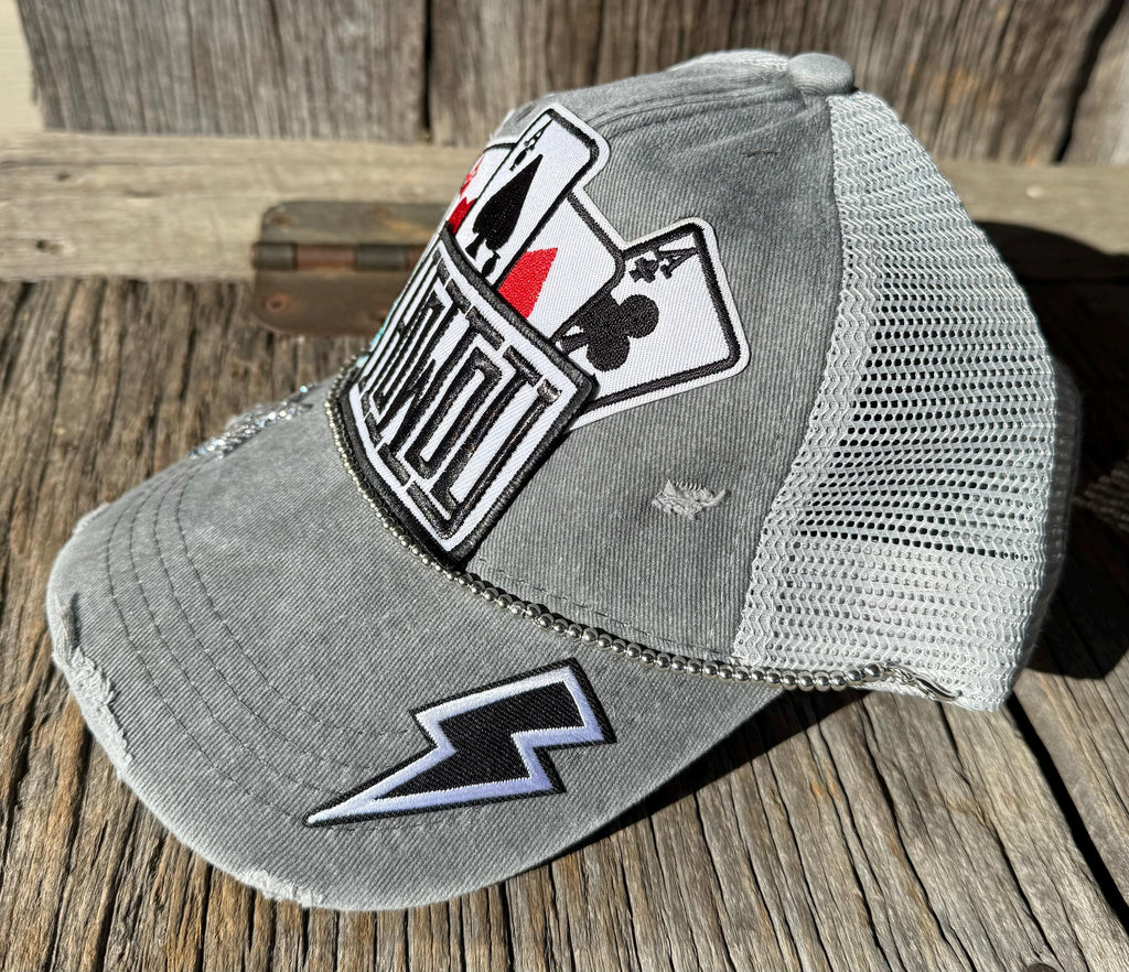 Distressed Gray Trucker Hat | Howdy, Playing Cards & 8 Ball Patches | Glitter Star & Lightning Bolt Brim