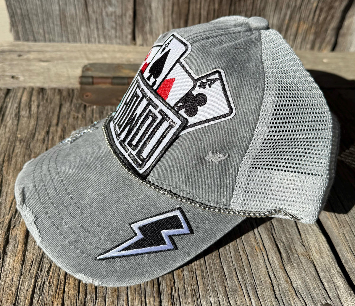Distressed Gray Trucker Hat | Howdy, Playing Cards & 8 Ball Patches | Glitter Star & Lightning Bolt Brim