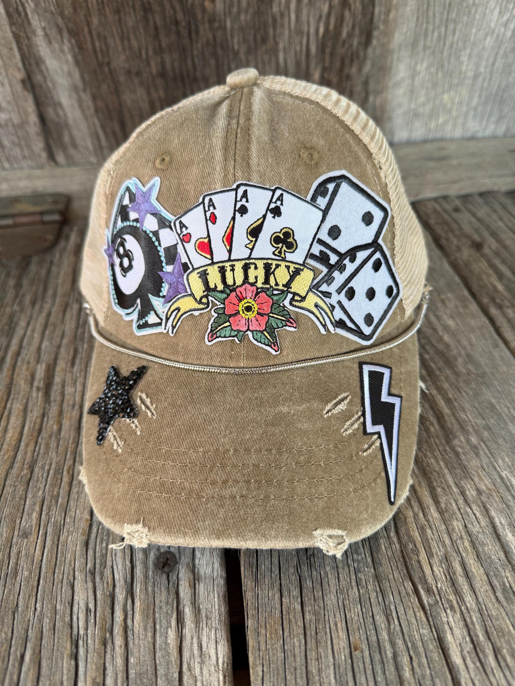 Tan Distressed Ponytail Trucker Hat | Lucky Gambler Poker, Eight Ball & Dice Patches | Silver Hat Chain