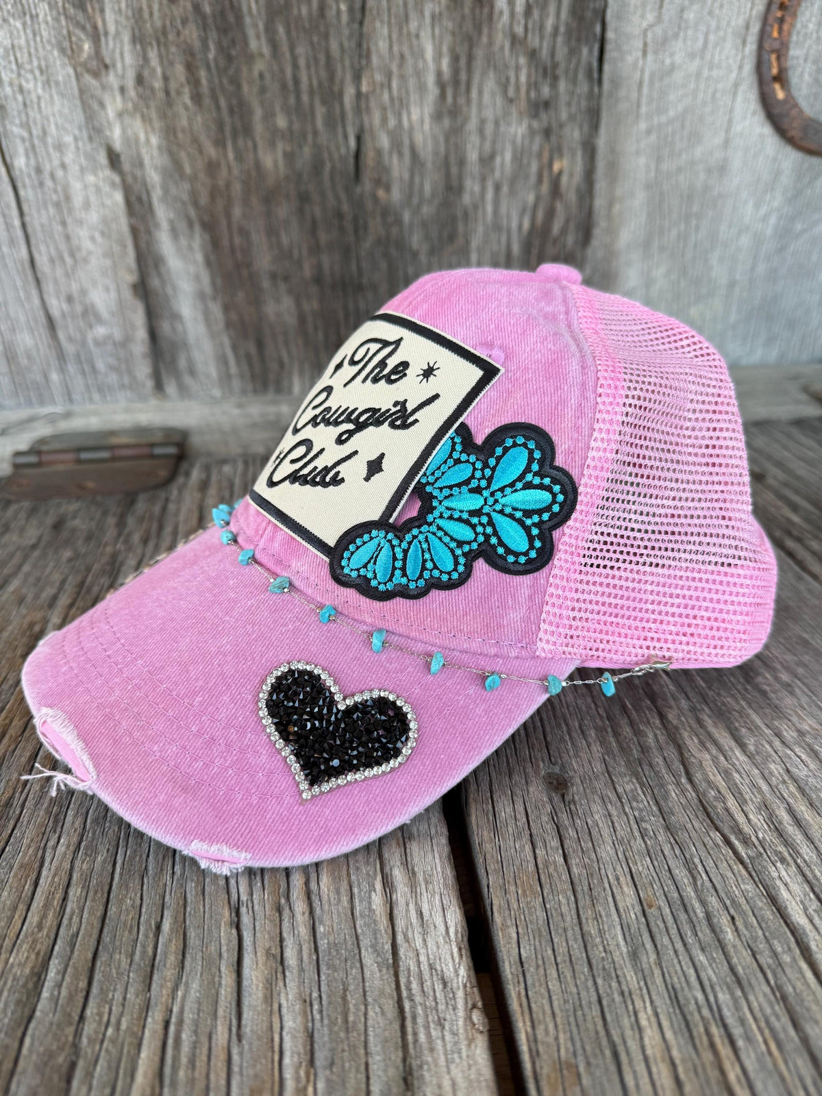 The Cowgirl Club Pink Distressed Trucker Hat | Glitter Star, Cheetah & Lightning Bolt Patches | Turquoise Stone Hat Chain