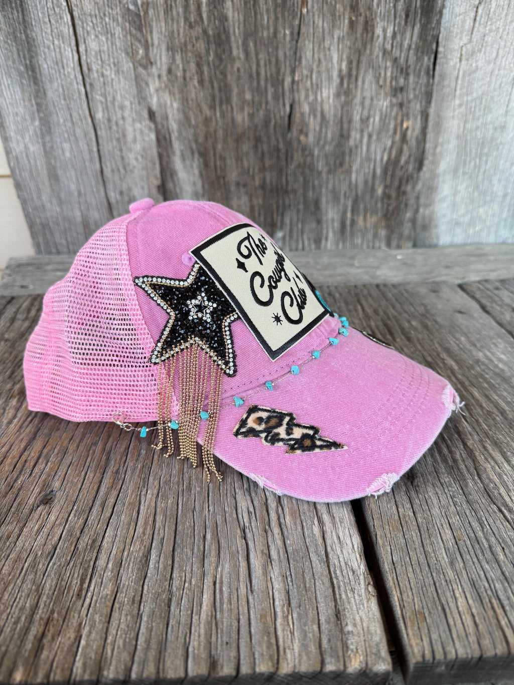The Cowgirl Club Pink Distressed Trucker Hat | Glitter Star, Cheetah & Lightning Bolt Patches | Turquoise Stone Hat Chain